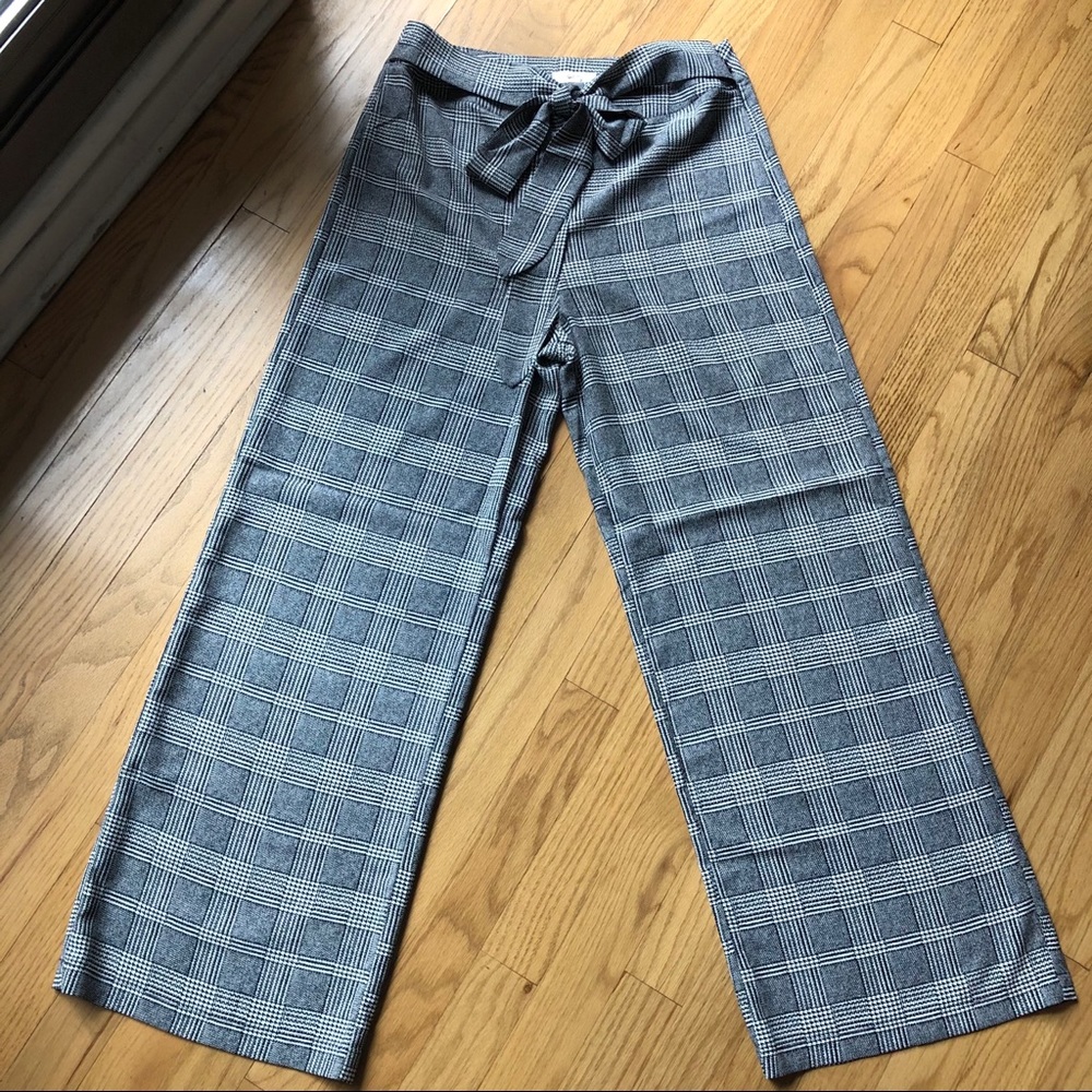 Checkered wide leg front tie long trouser pant